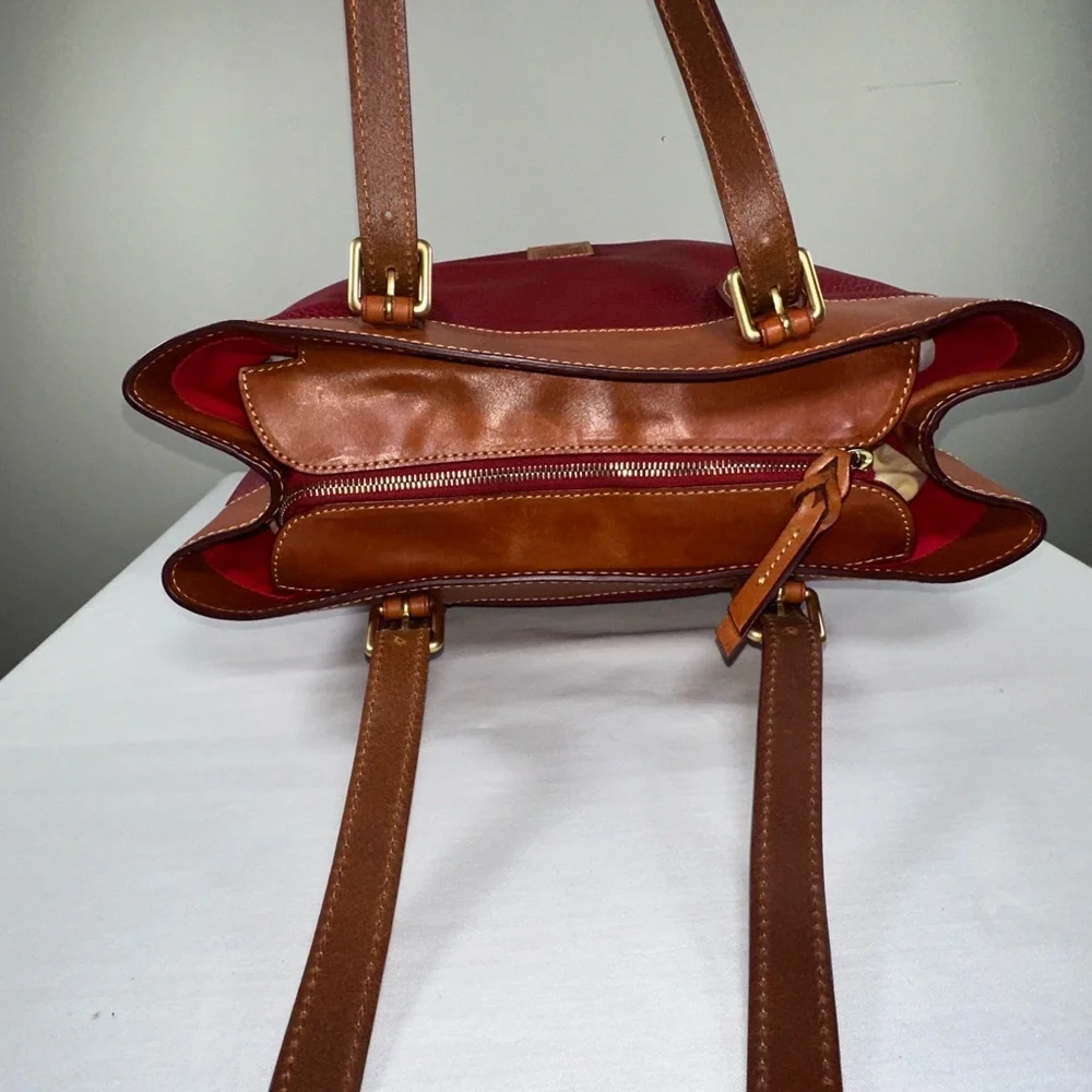 Dooney & Bourke Everyday Tote Burgundy Pebble Leather Tan Natural Patina Trim